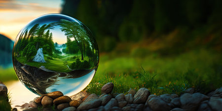 Perfect glass sphere with beautiful nature background,Generative AI.の素材