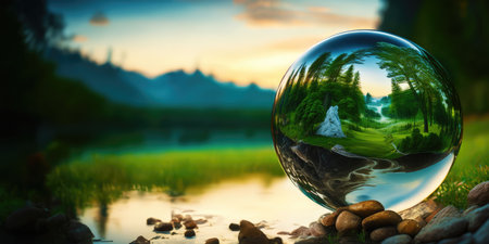 Perfect glass sphere with beautiful nature background,Generative AI.の素材