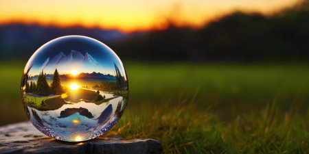 Perfect glass sphere with beautiful nature background,Generative AI.の素材