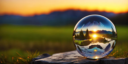Perfect glass sphere with beautiful nature background,Generative AI.の素材