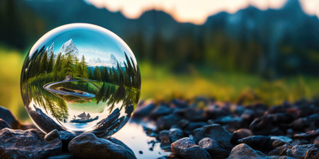 Perfect glass sphere with beautiful nature background,Generative AI.の素材