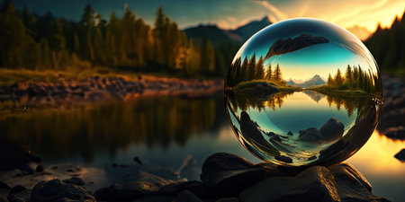 Perfect glass sphere with beautiful nature background,Generative AI.の素材