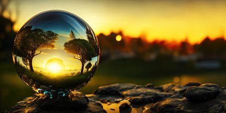 Perfect glass sphere with beautiful nature background,Generative AI.の素材