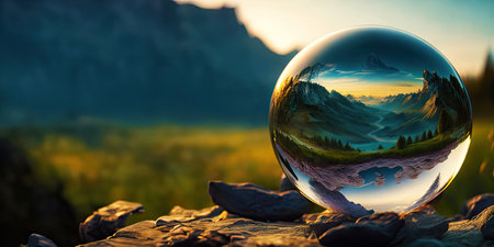 Perfect glass sphere with beautiful nature background,Generative AI.の素材