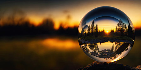 Perfect glass sphere with beautiful nature background,Generative AI.の素材