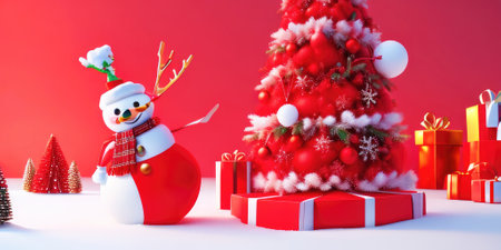 Snowman and red gift boxes with red background,Generative AI.の素材