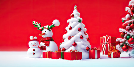 Snowman and red gift boxes with red background,Generative AI.の素材