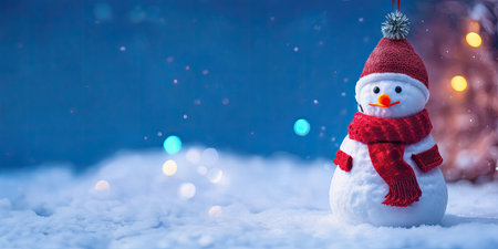 The snowman with red hat and scarf is standing in the snow,Generative AI.の素材