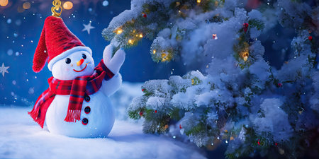 The snowman with red hat and scarf is standing in the snow,Generative AI.の素材