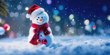 The snowman with red hat and scarf is standing in the snow,Generative AI.の素材