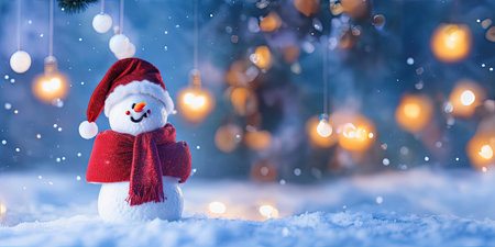 The snowman with red hat and scarf is standing in the snow,Generative AI.の素材