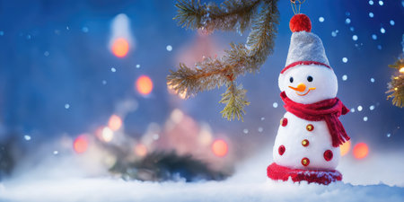 The snowman with red hat and scarf is standing in the snow,Generative AI.の素材
