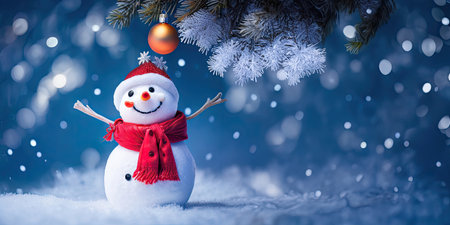 The snowman with red hat and scarf is standing in the snow,Generative AI.の素材