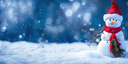 The snowman with red hat and scarf is standing in the snow,Generative AI.の素材