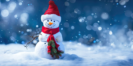 The snowman with red hat and scarf is standing in the snow,Generative AI.の素材