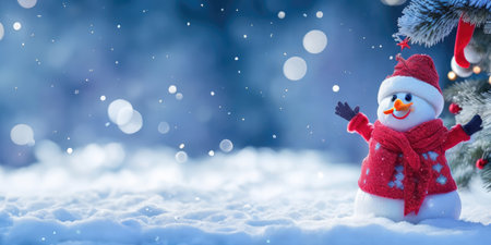 The snowman with red hat and scarf is standing in the snow,Generative AI.の素材