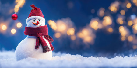 The snowman with red hat and scarf is standing in the snow,Generative AI.の素材