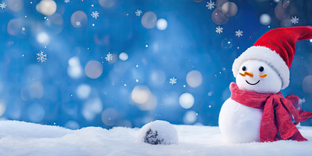 The snowman with red hat and scarf is standing in the snow,Generative AI.の素材