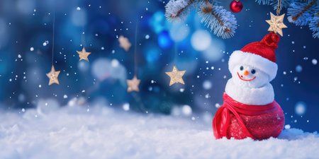 The snowman with red hat and scarf is standing in the snow,Generative AI.の素材