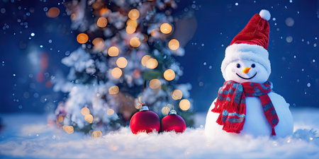 The snowman with red hat and scarf is standing in the snow,Generative AI.の素材