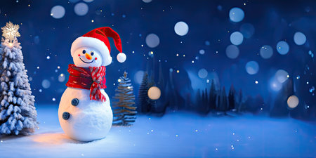 The snowman with red hat and scarf is standing in the snow,Generative AI.の素材