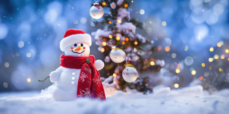 The snowman with red hat and scarf is standing in the snow,Generative AI.の素材