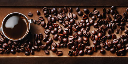 Coffee beans frame flatlay on brown background,Generative AI.の素材