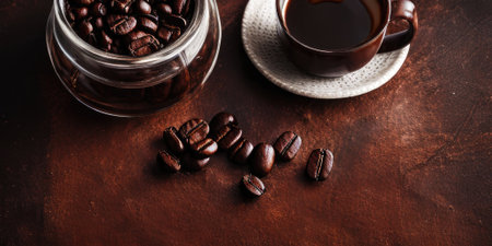 Coffee beans frame flatlay on brown background,Generative AI.の素材