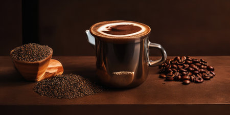 Coffee beans frame flatlay on brown background,Generative AI.の素材