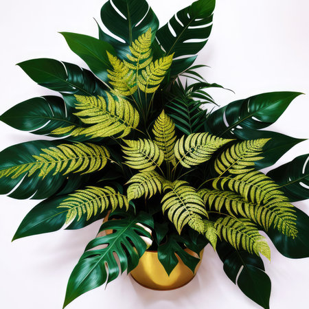 Template design tropical green leaves on white background,Generative AI.の素材