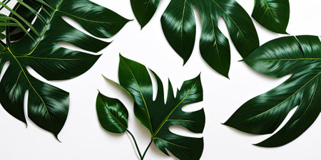 Template design tropical green leaves on white background,Generative AI.の素材
