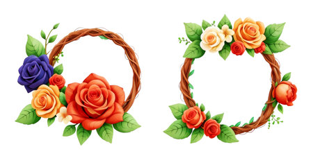 Watercolor wreaths rose flower frames on white background.の素材
