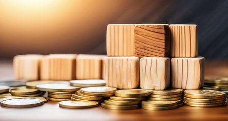 Close-up wooden cube with stacked coins for financial planning.の素材