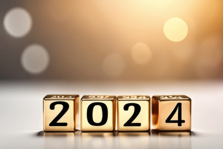 Gold cubes with text 2024 on orange light background.の素材