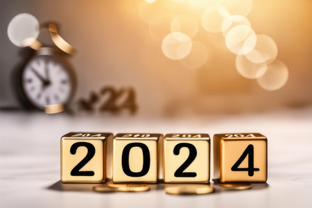 Gold cubes with text 2024 on orange light background.の素材