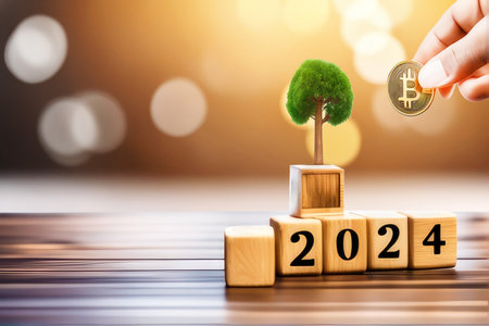 Wooden cubes with text 2024 and orange light bokeh.の素材