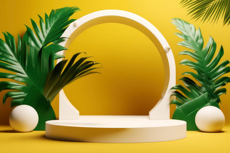 Podium with green tropical palm leaves and a white round.の素材