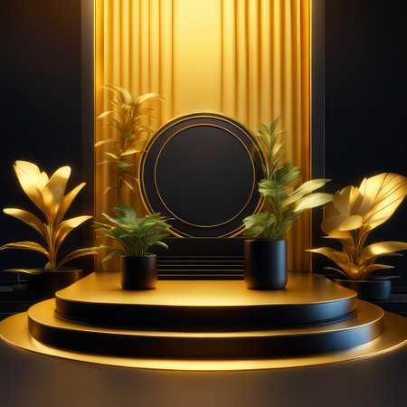 Podium golden and black with plant blank wall simple background.の素材