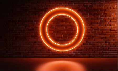 Orange neon light circle on wall.の素材