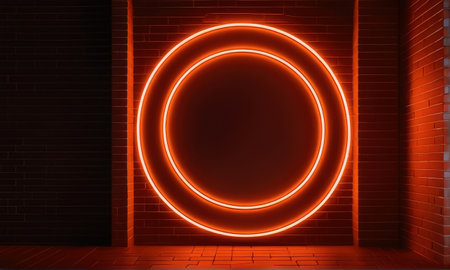 Orange neon light circle on wall.の素材