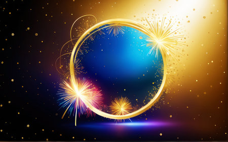 Circle frame with orange light sparkle particle.の素材