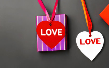 red and white paper heart shape with brown background.の素材