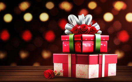Red gift box with red and orange light bokeh background.の素材