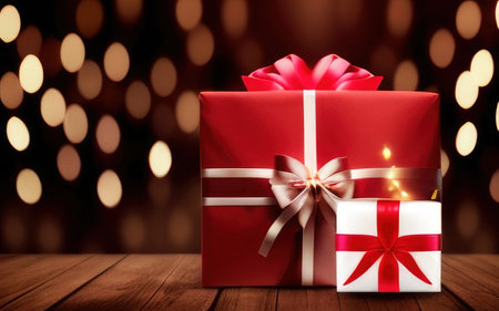 Red gift box with red and orange light bokeh background.の素材