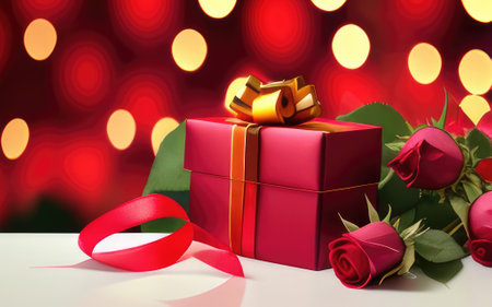 Red gift box with red and orange light bokeh background.の素材