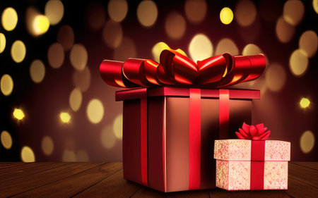 Red gift box with red and orange light bokeh background.の素材