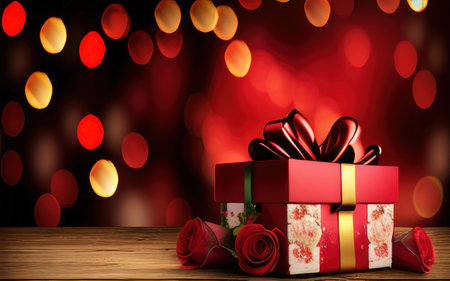 Red gift box with red and orange light bokeh background.の素材