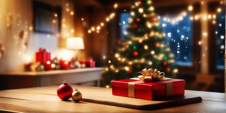Wooden table and gift decorations with blurred christmas tree background.の素材