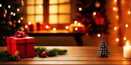 Wooden table and gift decorations with blurred christmas tree background.の素材