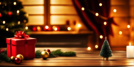Wooden table and gift decorations with blurred christmas tree background.の素材